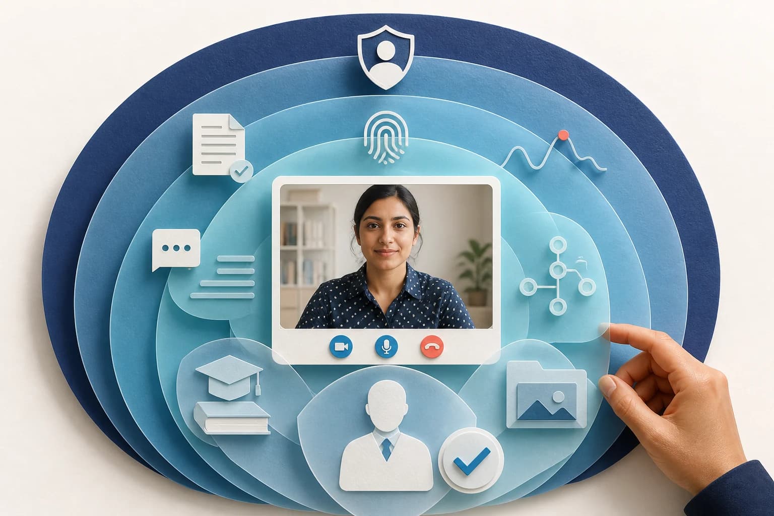 Layered defence for online interview integrity: identity verification, session signals, adaptive questioning and work samples stacked around a video interview, with human review at the centre