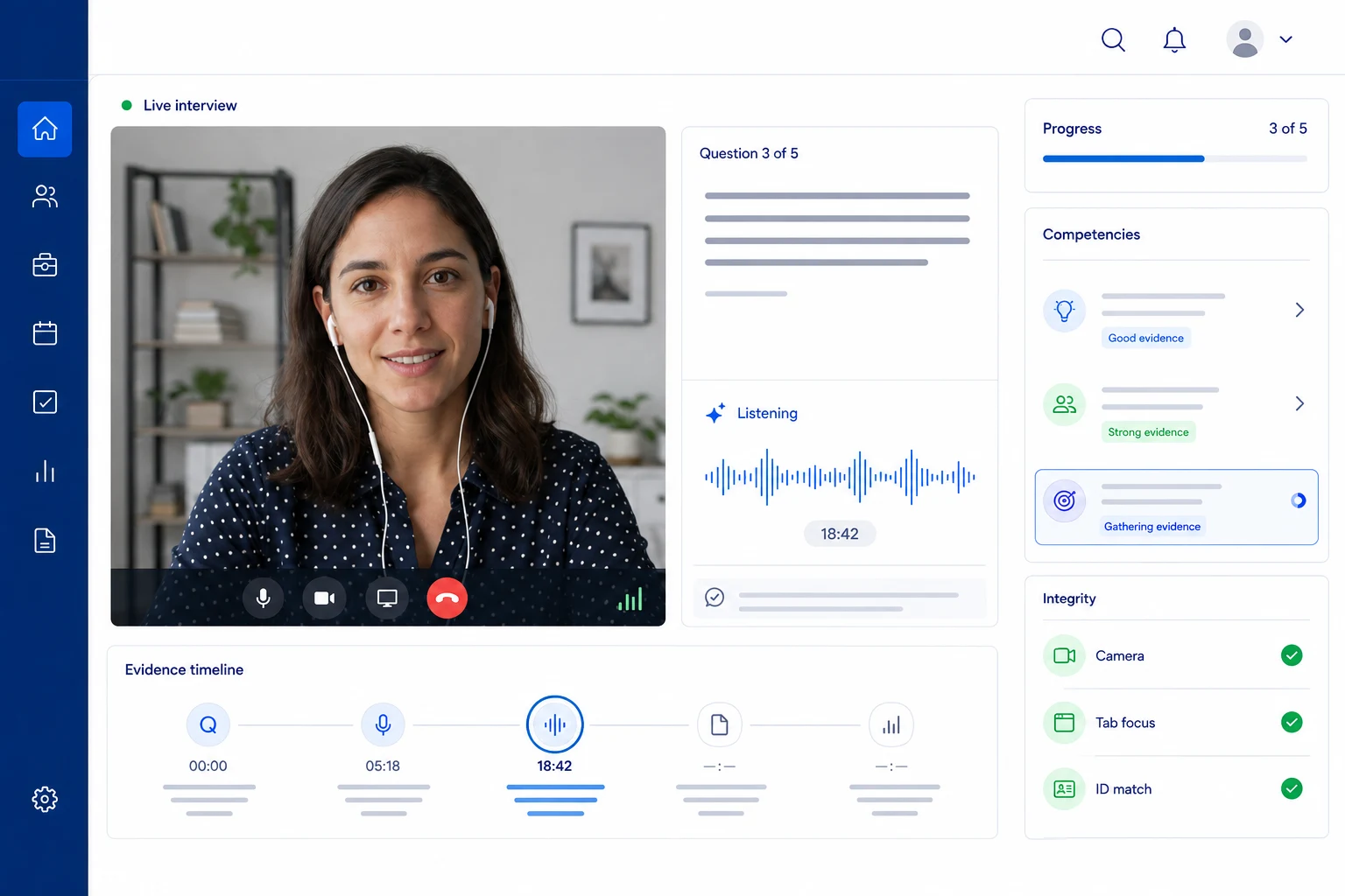 Live AI interview with an adaptive question, evidence timeline, competency tracking, and visible integrity checks