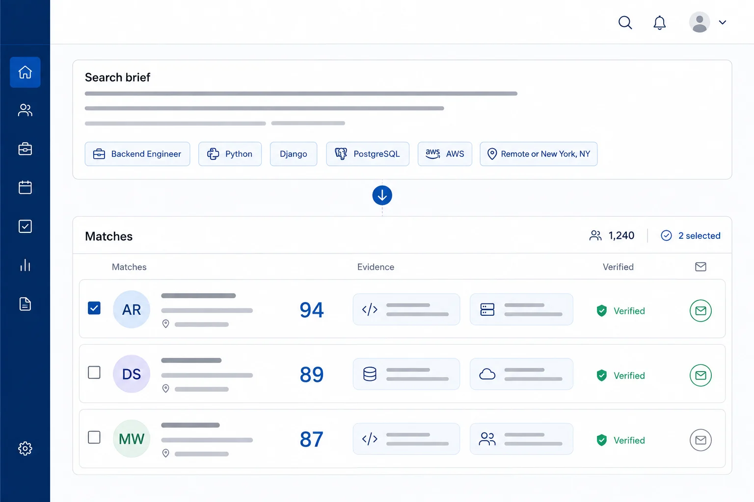 Sourcing Agent turning a role brief into ranked, verified candidate matches with evidence for each recommendation