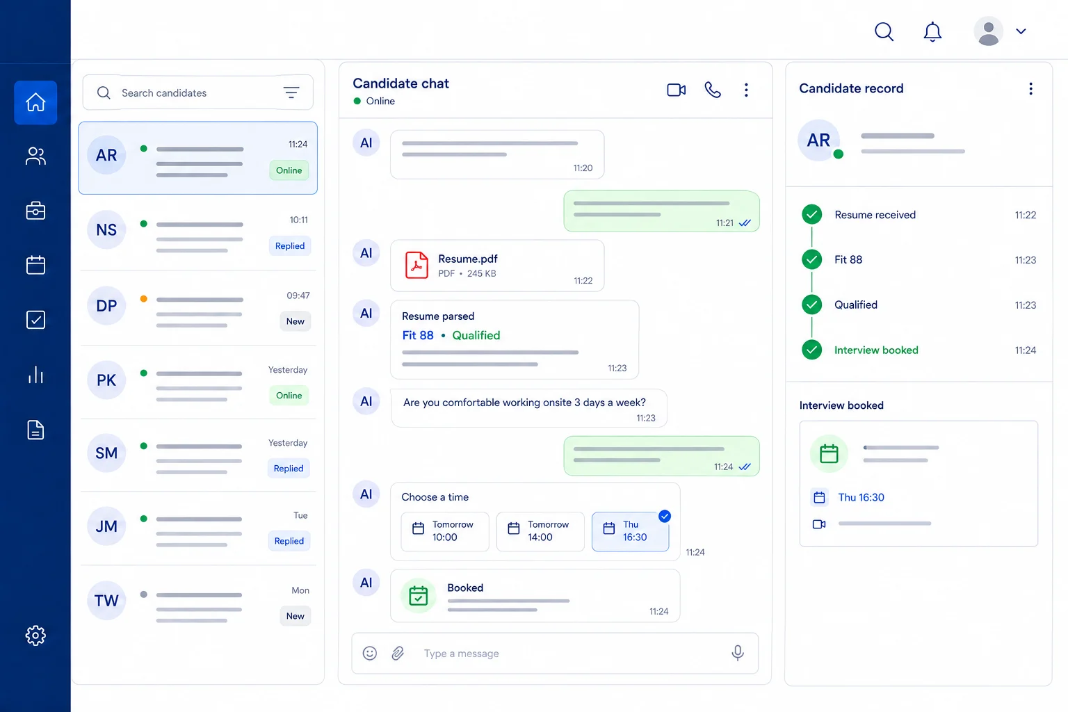 WhatsApp Agent receiving and parsing a resume, qualifying the candidate, and booking an interview within one conversation